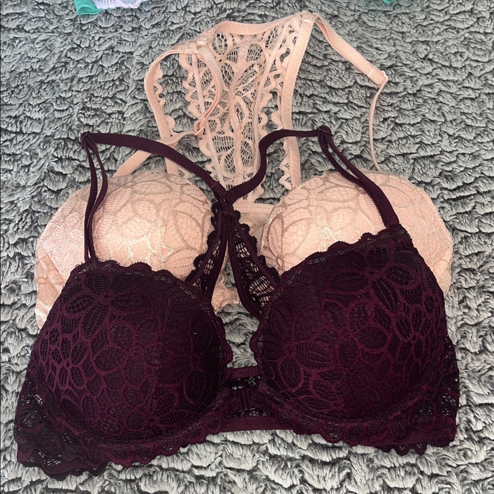 PINK Victoria's Secret Lace Bra Set in burgundy and coral
